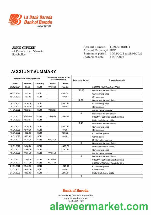 Seychelles Bank of Baroda bank statement